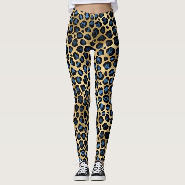 Blå och Guld Leopard Leggings (Framsida)
