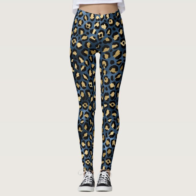 Blå och Guld Leopard Leggings (Framsida)