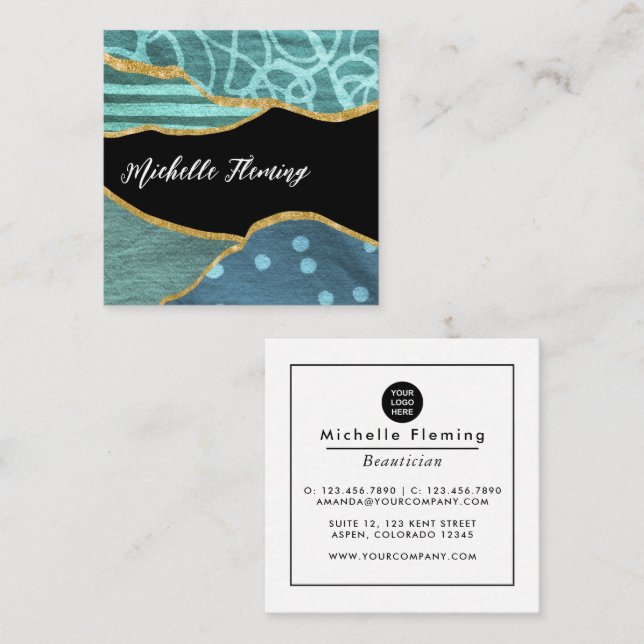 Blå och Guld Linen Fabric Denim Square Business S Fyrkantigt Visitkort (Fram/baksida)