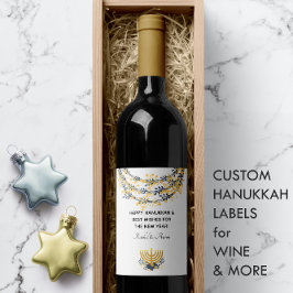 Blå och Guld Lycklig Hanukkah Vinflaska Etikett