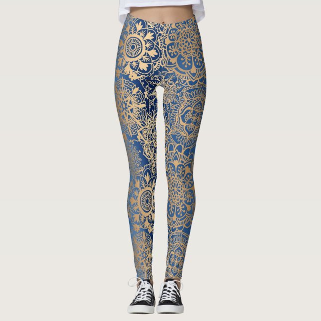 Blå och Guld Mandala Mönster Leggings (Framsida)