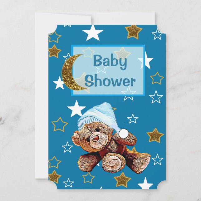 Blå och Guld Måne och Stars Baby Shower Inbjudan (Framsida)
