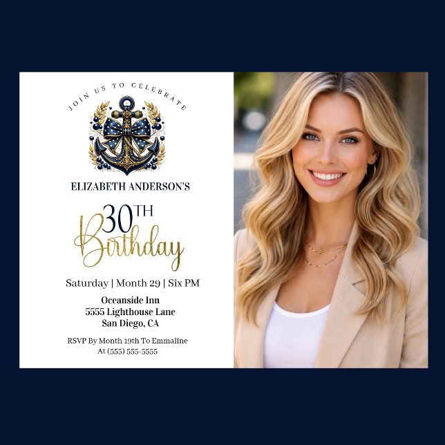Blå och Guld Marin Ankar 30-års Födelsedags Foto Inbjudningar (Navy and gold nautical anchor 30th birthday photo invitation with elegant coastal theme
)