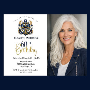 Blå och Guld Marin Ankar 60-års Födelsedags Foto Inbjudningar