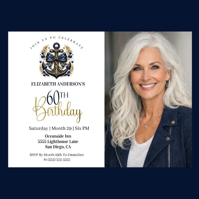Blå och Guld Marin Ankar 60-års Födelsedags Foto Inbjudningar (Navy and gold nautical anchor 60th birthday photo invitation with elegant coastal theme)