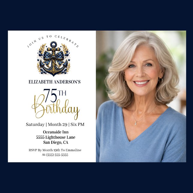 Blå och Guld Marin Ankar 75-års födelsedagsfoto Inbjudningar (Navy and gold nautical anchor 75th birthday photo invitation with elegant coastal theme)