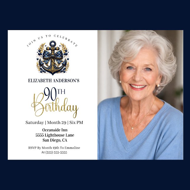Blå och Guld Marin Ankar 90-års Födelsedags Foto Inbjudningar (Navy and gold nautical anchor 90th birthday photo invitation with elegant coastal theme)
