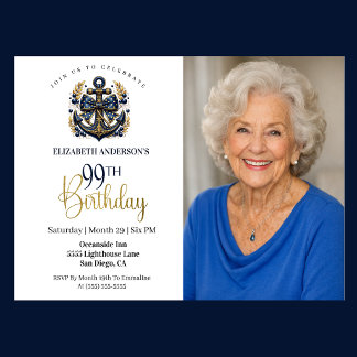 Blå och Guld Marin Ankar 99-års Födelsedags Foto Inbjudningar