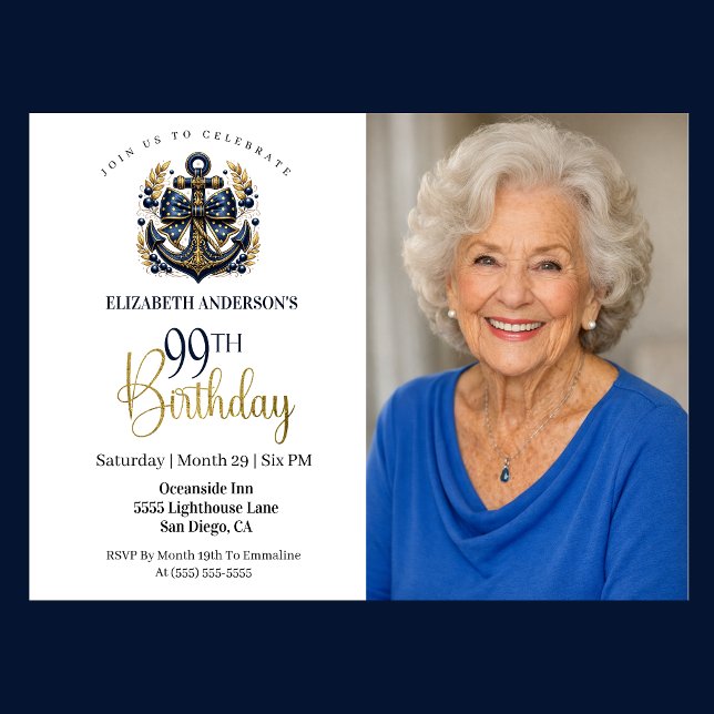 Blå och Guld Marin Ankar 99-års Födelsedags Foto Inbjudningar (Navy and gold nautical anchor 99th birthday photo invitation with elegant coastal theme)