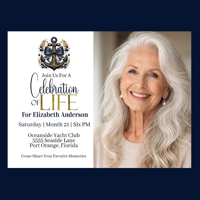 Blå och Guld Marin Ankar Livets Firande Inbjudningar (Nautical blue and gold anchor celebration of life invitation with photo elegant seaside theme
)