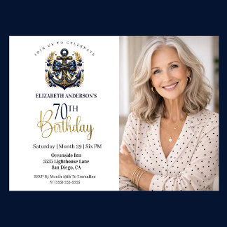Blå och guld marin ankare 70-års födelsedagsfoto inbjudningar