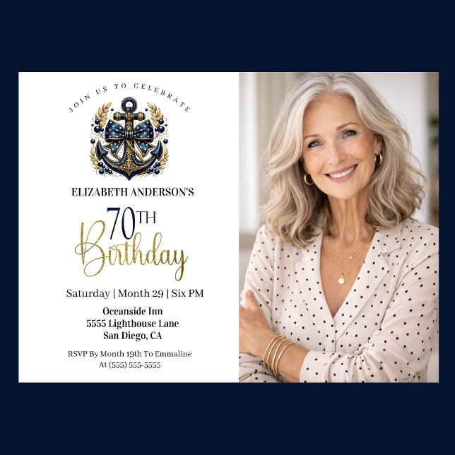 Blå och guld marin ankare 70-års födelsedagsfoto inbjudningar (Navy and gold nautical anchor 70th birthday photo invitation with elegant coastal theme)