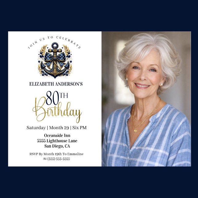 Blå och guld marin ankare 80-års födelsedagsfoto inbjudningar (Navy and gold nautical anchor 80th birthday photo invitation with elegant coastal theme)