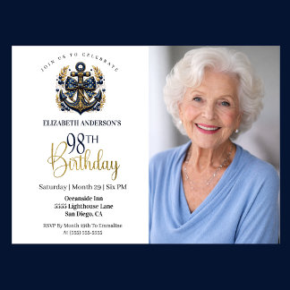 Blå och guld marin ankare 98-års födelsedagsfoto inbjudningar