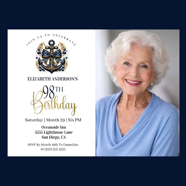 Blå och guld marin ankare 98-års födelsedagsfoto inbjudningar (Navy and gold nautical anchor 98th birthday photo invitation with elegant coastal theme)