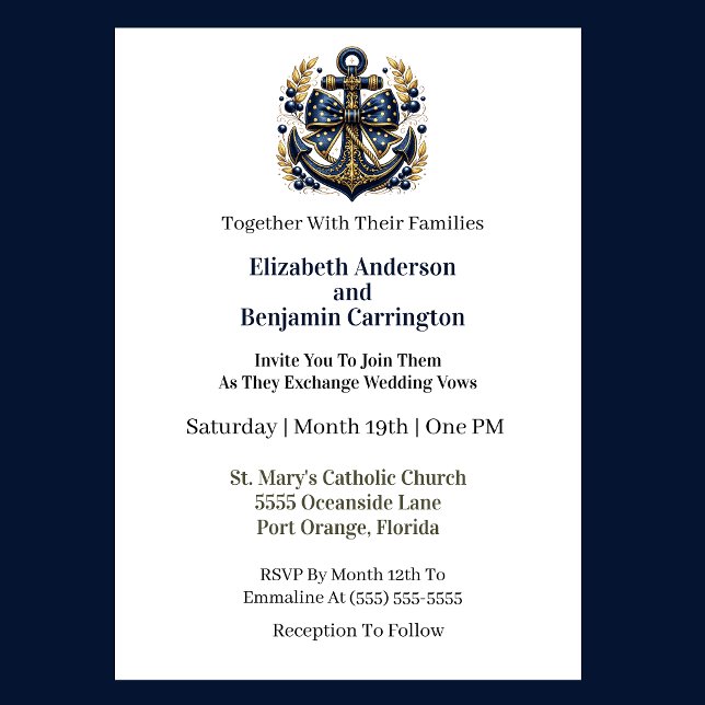 Blå och Guld Marin Ankare Bröllop Inbjudningar (Nautical blue and gold anchor wedding invitation with photo elegant seaside theme
)