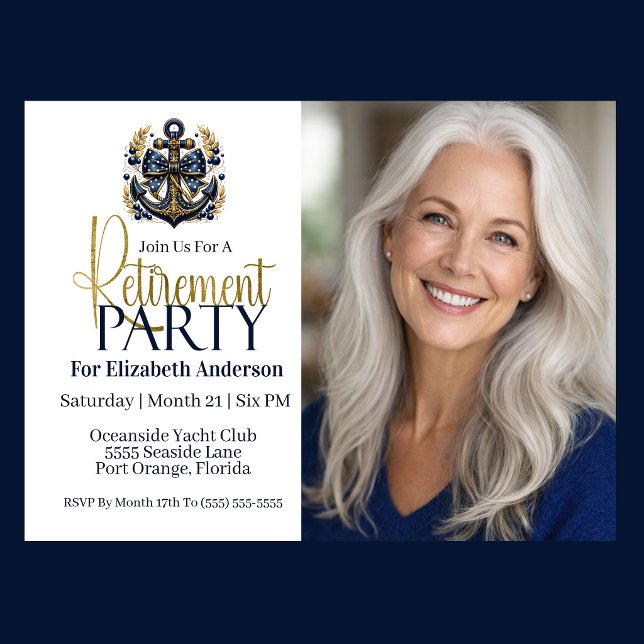 Blå och Guld Marin Ankare Pensionärsfest Inbjudningar (Nautical blue and gold anchor retirement party invitation with photo elegant seaside theme
)