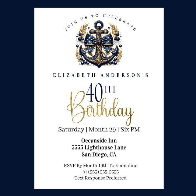 Blå och guld marin bågbåge ankare 40-årsdag inbjudningar (Blue and gold nautical anchor 40th birthday invitation)