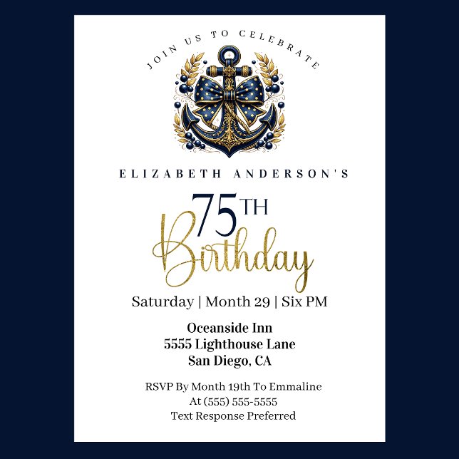 Blå och Guld Marin Bågbåge Ankare 75-årsdag Inbjudningar (Blue and gold nautical 75th birthday invitation)