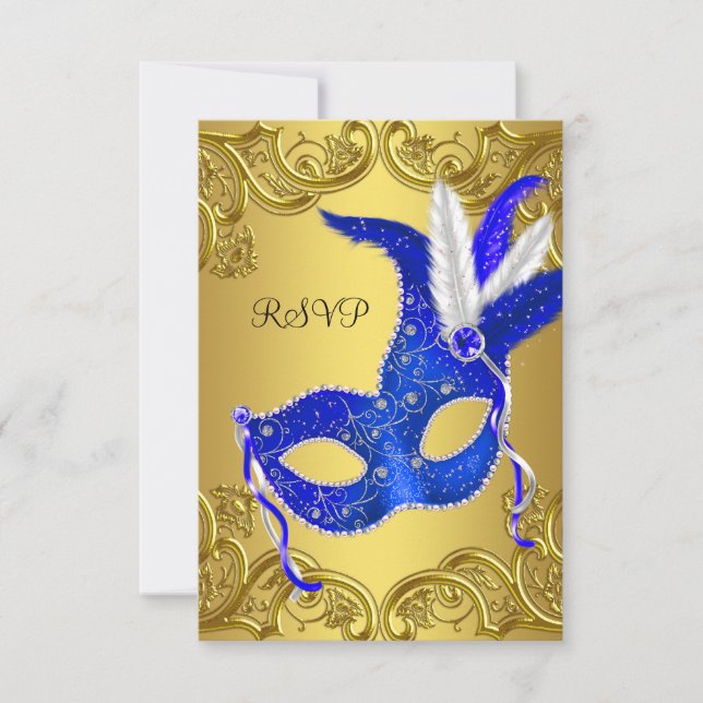 Blå och guld maskeradfest RSVP OSA Kort (Framsida)