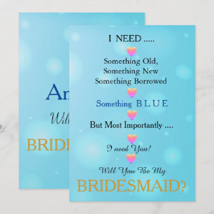 Blå och Guld med hjärta blir du min bridesmaid Inbjudningar
