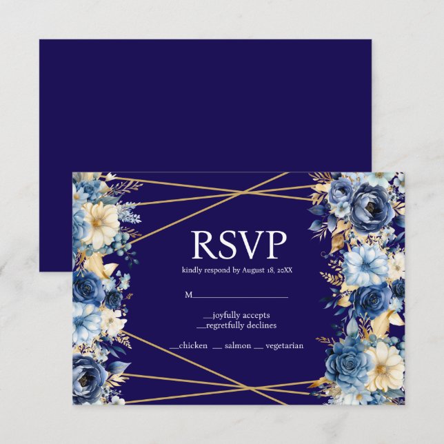 Blå och Guld Menyval RSVP-svarskort OSA Kort (Fram/baksida)