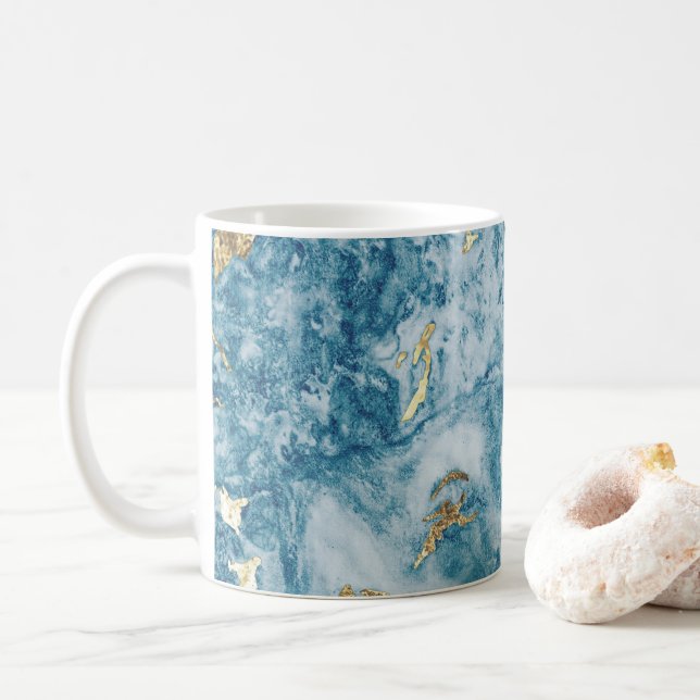 Blå och guld Mermor Lyxig Abstrakt Kaffemugg (Med munk)