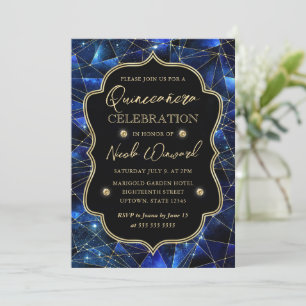Blå och guld Midnatt Kristall Galax Quinceanera Inbjudningar