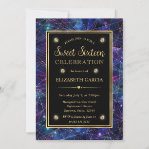 Blå och Guld Midnatt Kristall Galaxy Sweet 16 Inbjudningar