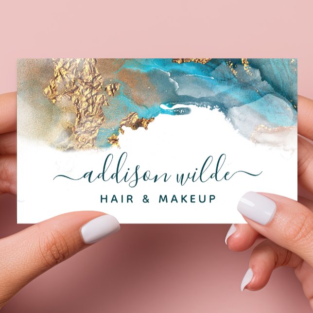 Blå Och Guld Modern Konst Flytande Vattenfärg Bläc Visitkort (Skapare uppladdad)