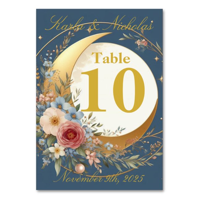 Blå och Guld Moonblomma Bröllop Bordsnummer (Framsidan)