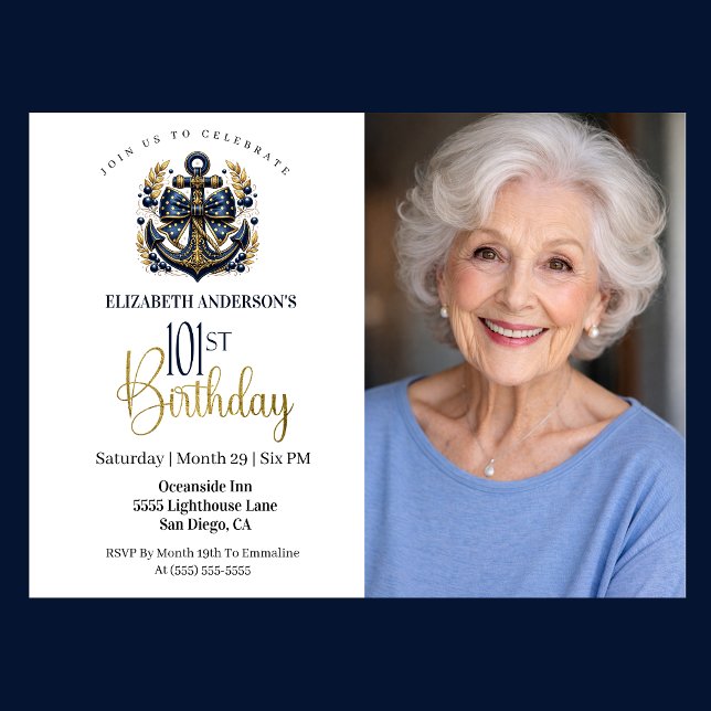 Blå och guld nautisk ankar 101-års födelsedagsfoto inbjudningar (Navy and gold nautical anchor 101st birthday photo invitation with elegant coastal theme)