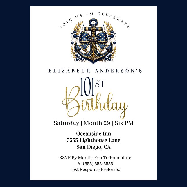 Blå och guld nautisk bågankare 101-årsdag inbjudningar (Blue and gold nautical 101st birthday invitation)