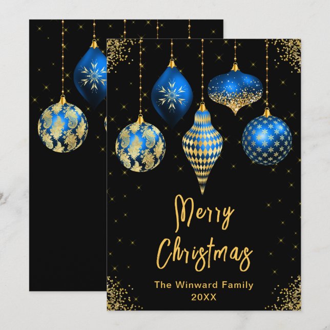 Blå och Guld Ornament God Jul Julkort (Fram/baksida)