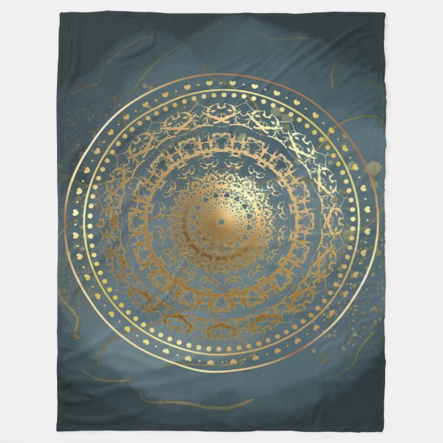 Blå och Guld ornate blomstrar Fleecefilt (Framsidan)