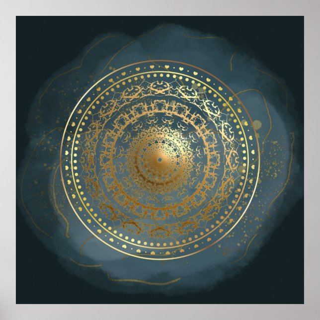 Blå och Guld ornate blomstrar Poster (Framsidan)