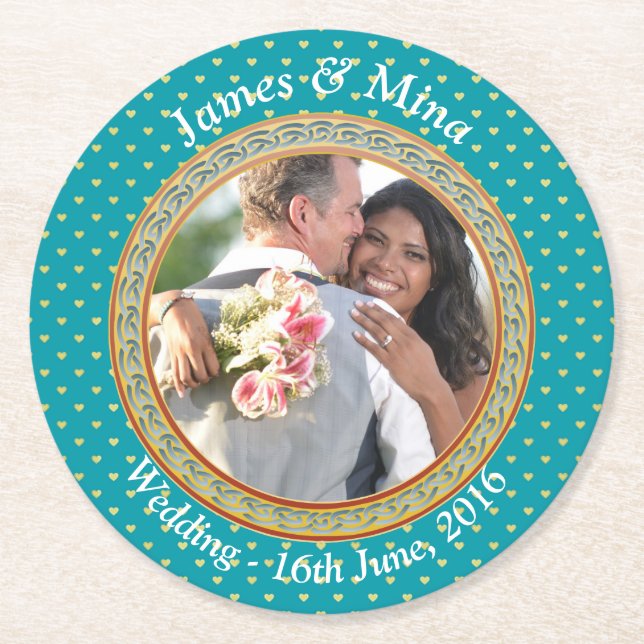 Blå och Guld Ornate Underlägg Papper Rund (Framsidan)