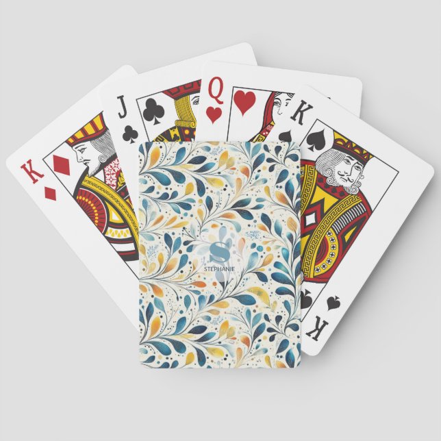 Blå och Guld Paisley Löv Mönster (2) Casinokort (Baksidan)