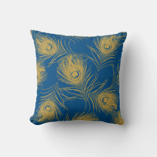 Blå och Guld Peacock Feather Kudde
