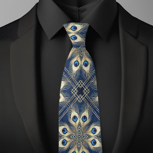 Blå och Guld Peacock Feathers Geometric Mönster Slips
