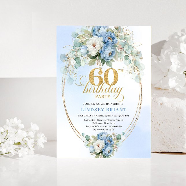 Blå och guld peonior 60-års födelsedagsinbjudan inbjudningar (Blue and Gold Peonies 60th Birthday Invitation)
