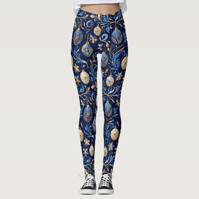 Blå och Guld prydnadsjulformgivning Leggings (Framsida)