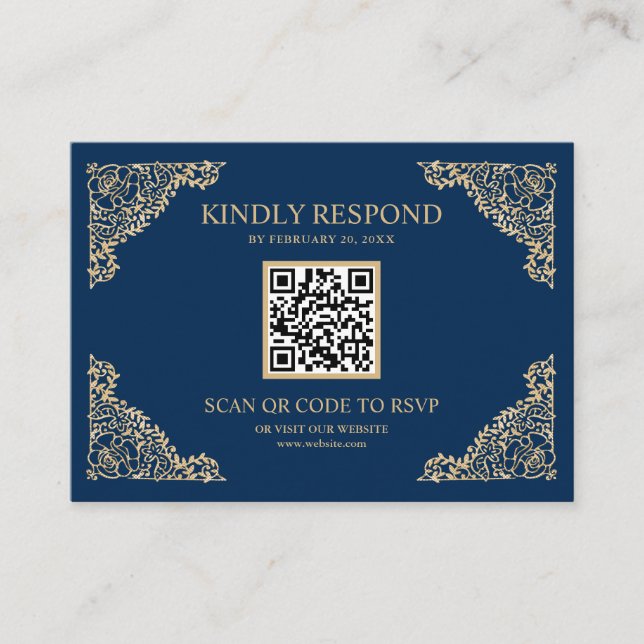 Blå och Guld Ram QR-kod RSVP Bröllopswebbplats Tilläggskort (Framsida)