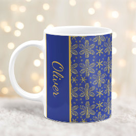 Blå och Guld Snöflingor jul Mugg med Namn