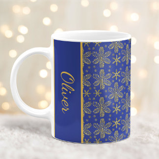 Blå och Guld Snöflingor jul Mugg med Namn