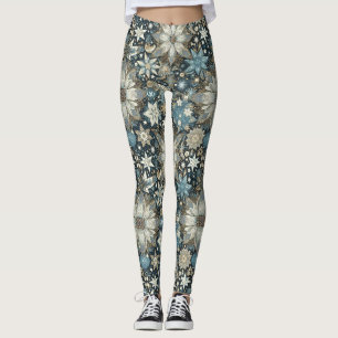 Blå och Guld Snöflingor och Blommor Helgdag Leggings
