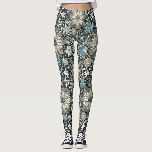 Blå och Guld Snöflingor och Blommor Helgdag Leggings (Framsida)