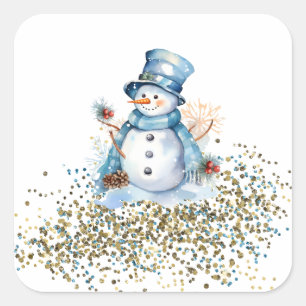 Blå och Guld Snögubbe-stickers Fyrkantigt Klistermärke