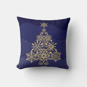 Blå och Guld Snowflake Träd Julpån Pillow Kudde