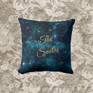 Blå och Guld Starry Galaxy med Monogrammed Namn Kudde